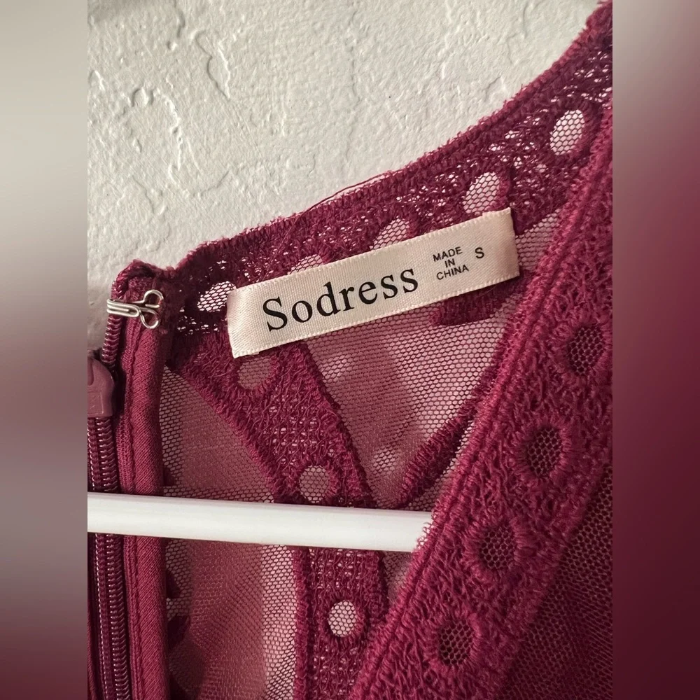 Boho Sodress burgundy Maroon Deep V Neck Short Sleeve Lace Maxi Dress Red S - Picture 4 of 4